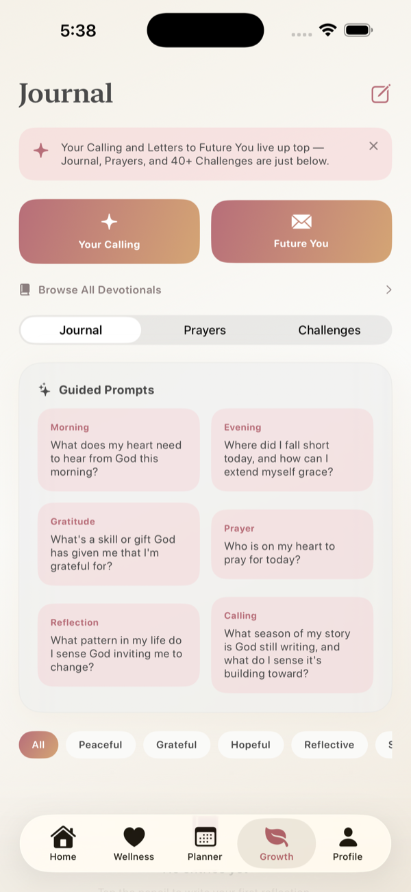 Her Calling Room's Growth tab — Journal, Prayers, and Challenges