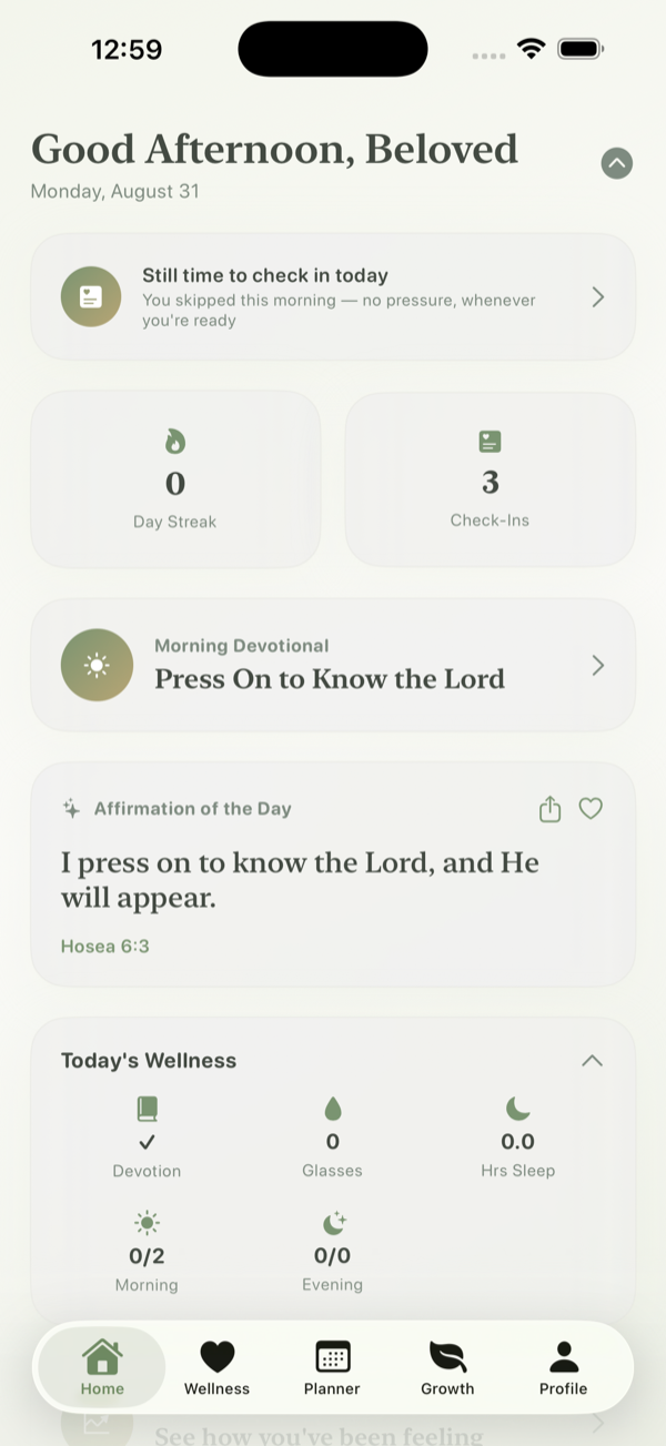 Her Calling Room Home dashboard, showing today's devotional, affirmation, and wellness summary