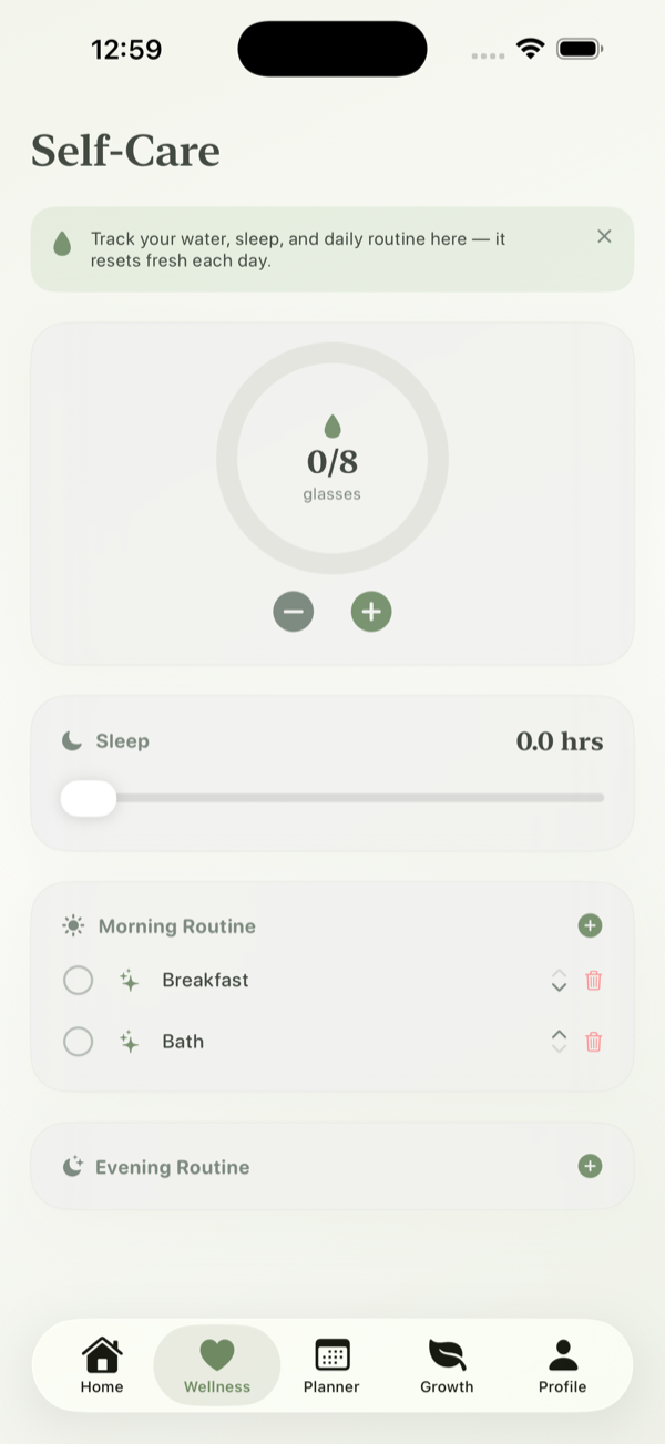 Her Calling Room's Wellness tab, showing hydration ring, sleep tracker, and morning routine
